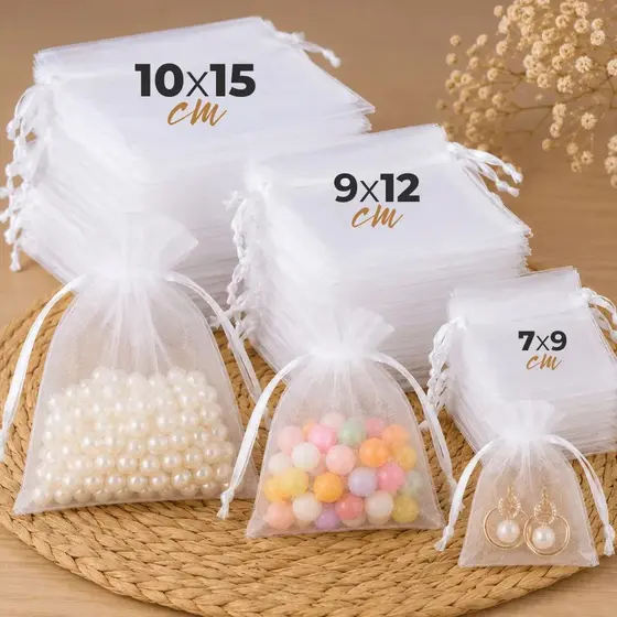 Kits Saquinhos Tule Organza Branca Com Cordão Para Lembrancinhas Joias Bijuterias Presentes Artesanato
