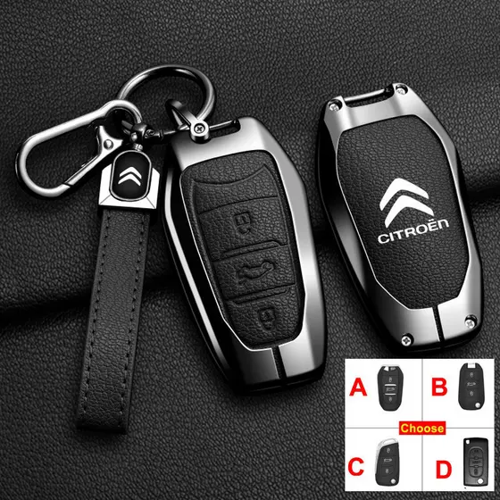 Capa de Chave de Carro em Liga de Zinco Citroen, Acessório de Moda em Couro para Citroen Basalt/C3/C3 Aircross/C4 Pallas