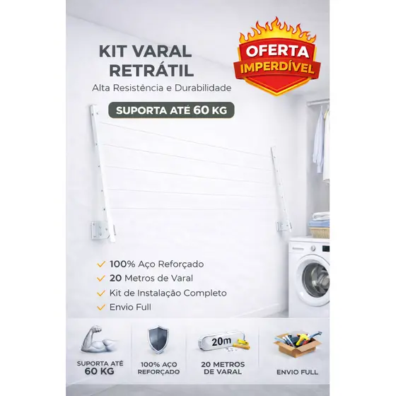 Varal de Roupa de Parede Retrátil de alumínio para Sacada Até 60kg - BRANCO