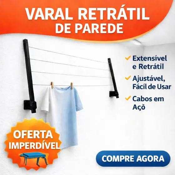 Varal De Parede Retrátil Aço Dobrável, Articulado, Cabo De Aço Encapado - Preto- ENVIO IMEDIATO