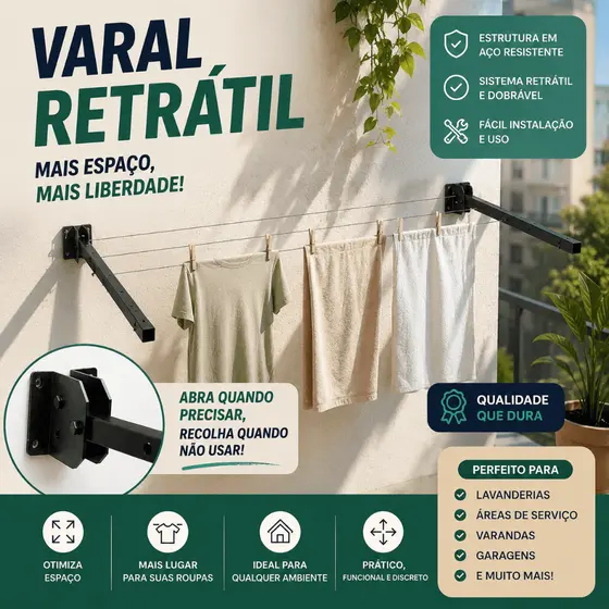 Varal Retrátil de Parede em Aço Reforçado Dobrável