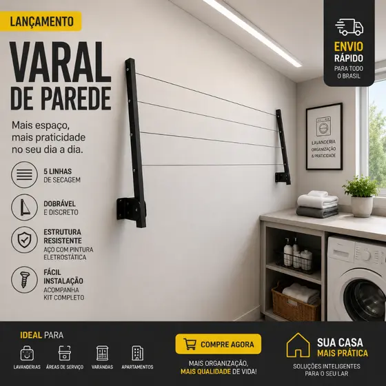 Varal Retrátil Dobrável Em Aço Para Área De Serviço