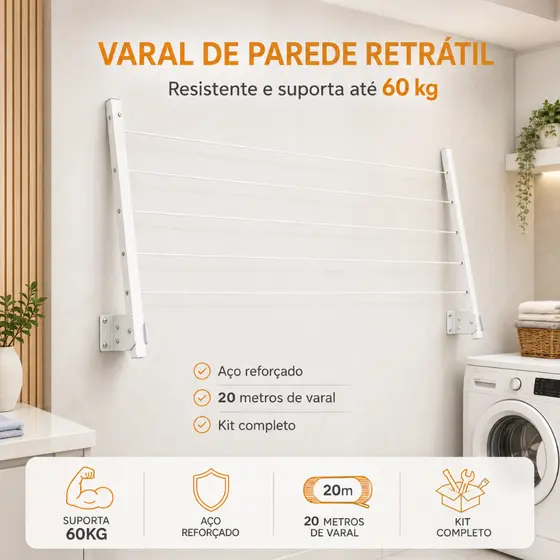 Varal Alumínio Reforçado Retrátil De Parede Para Roupas Suporta Até 60kg BRANCO FRIO VARIEDADES