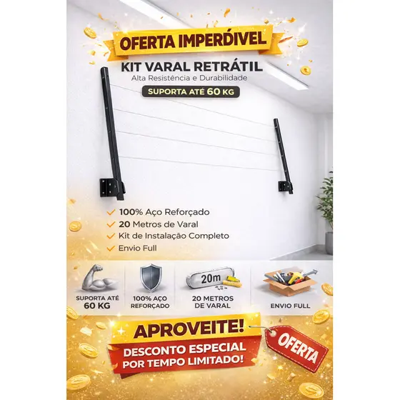 Varal de Roupa de Parede Retrátil de alumínio para Sacada Até 60 kg - PRETO