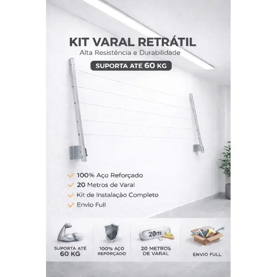 Varal Retrátil Parede 100% Alumínio Suporte Resistente até 80kg - Envio Imediato
