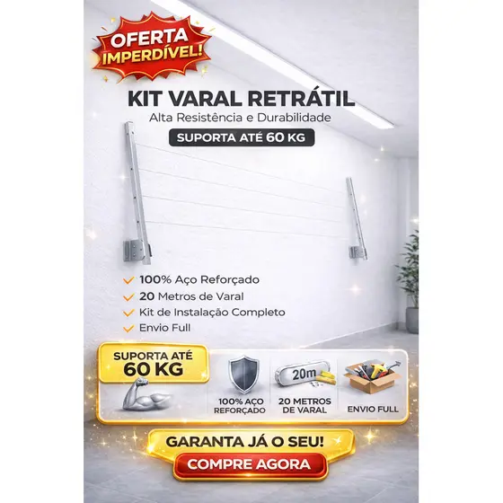 Varal Retrátil Parede 100% Alumínio Suporte Resistente até 60kg - Envio Imediato