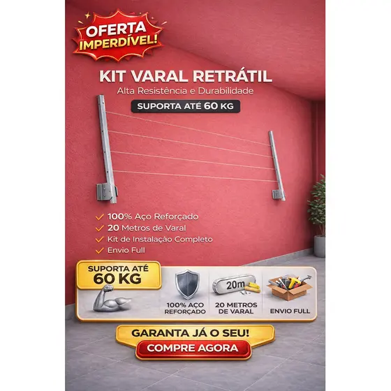 Varal Retrátil Parede 100% Alumínio Suporte Resistente até 60kg - Envio Imediato