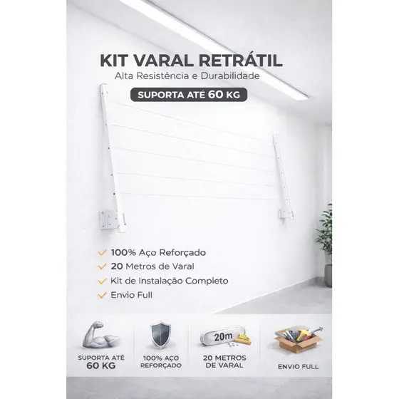 Varal de Roupa de Parede Retrátil de alumínio para Sacada Até 60kg BRANCO  ENVIO FULL