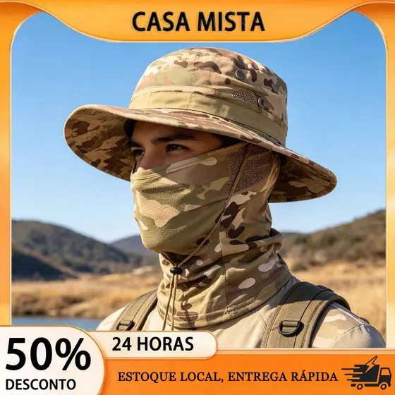 Kit Chapéu Boonie Camuflagem + Balaclava Tática Proteção Solar Respirável Para Pesca Camping Entrega Rápida