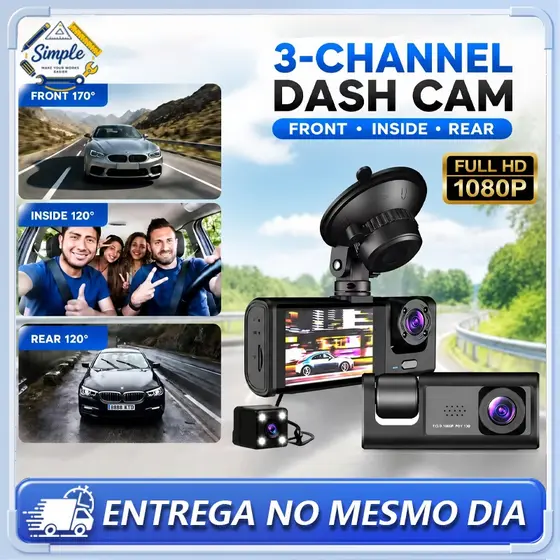 Câmera Traço Para Carro 1080P HD Dash Cam 3 Câmera (Frontal + Interna + Traseira) DVR Automotivo com Visão Noturna