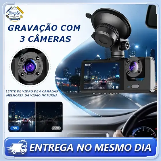 Câmera Traço Para Carro 1080P HD Dash Cam 3 Câmera 24H Monitor de Estacionamento dvr 360°  com Visão Noturna