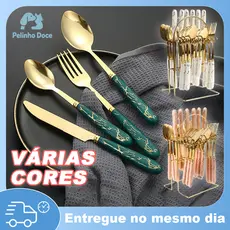 Jogo de Talheres Ouro Dourado Aço Inox 24 Peças – Garfo Colher Faca Conjunto Completo Cozinha Presente