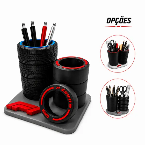 Porta Canetas Pneu F1 Duplo Com Base Decoração Fórmula 1