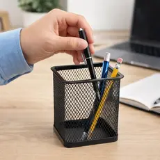 Porta Canetas Aramado Quadrado ou Redondo Preto em Aço Organizador para Mesa Escritório