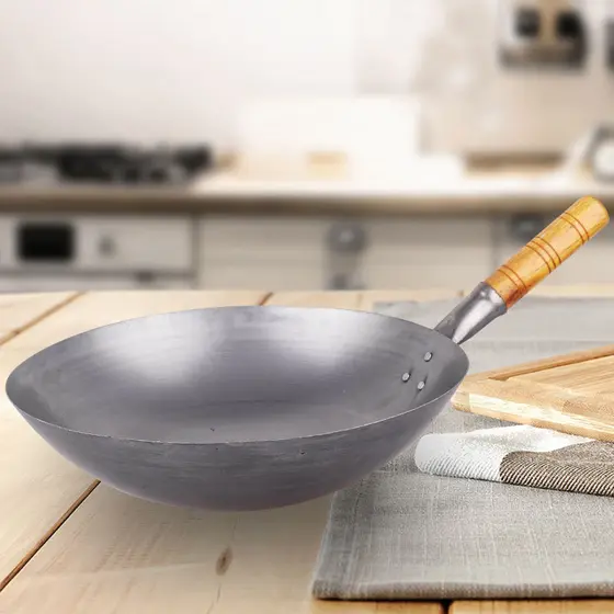 Panela de ferro comercial doméstica wok, uso em Hotel, fogão a gás adequado, alça de madeira wok