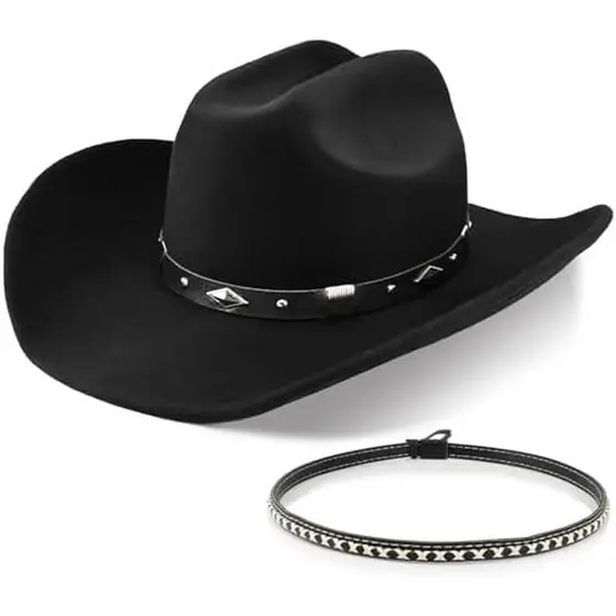 Chapéu De Cowboy Ocidental 100 % Lã Para Homens E Mulheres , Fedora Clássico , Chapéus De Vaqueira De Feltro Com Duas Fa