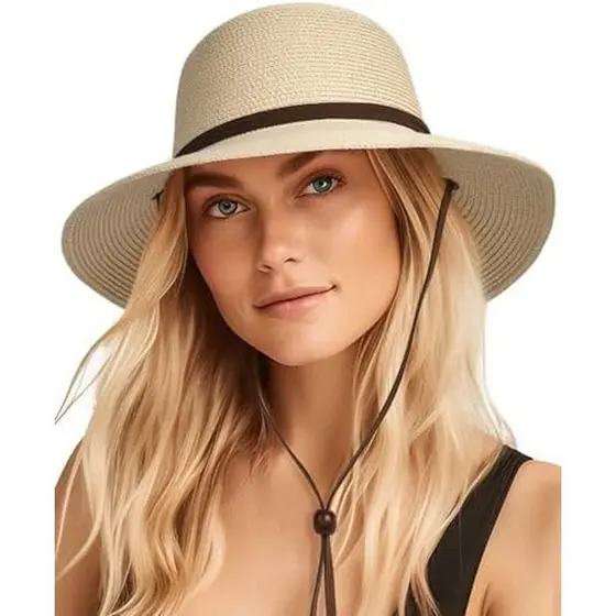 Chapéu De Sol Feminino De Aba Larga FURTALK Com Cordão De Vento UPF Chapéus De Palha De Verão Para Mulheres