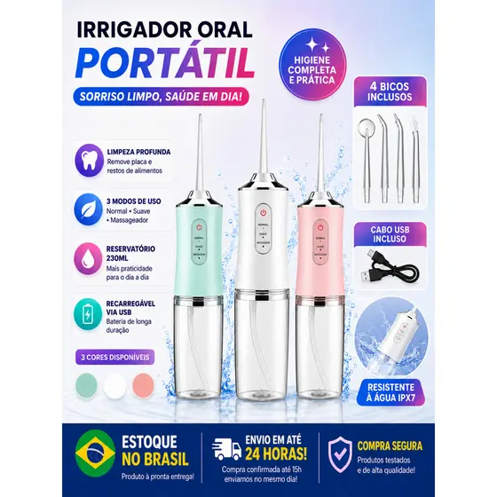 Irrigador Oral Portátil Recarregável USB Remove Resíduos e Sujeiras com Suavidade Ideal para Casa e Viagem