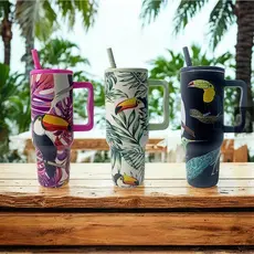 Copo Térmico 1200ml Tropical Fauna Aço Inoxidável Canudo Tampa Vedação Térmico Praia Academia