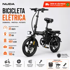 Bicicleta Dobrável Elétrica 400W 48V Bateria Removível LED Freio a Disco Compacta Até 160kg