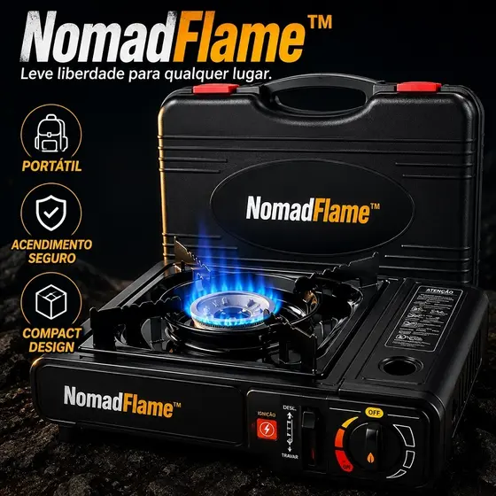 NomadFlame™ — O fogareiro portátil que transforma qualquer lugar na sua cozinha pessoal.