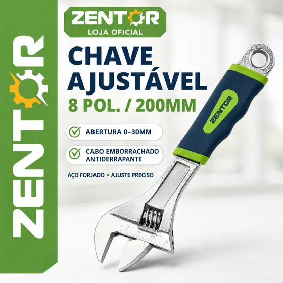 Chave Inglesa Cromada Ajustável Deli Zentor Profissional 200mm Abertura 30mm