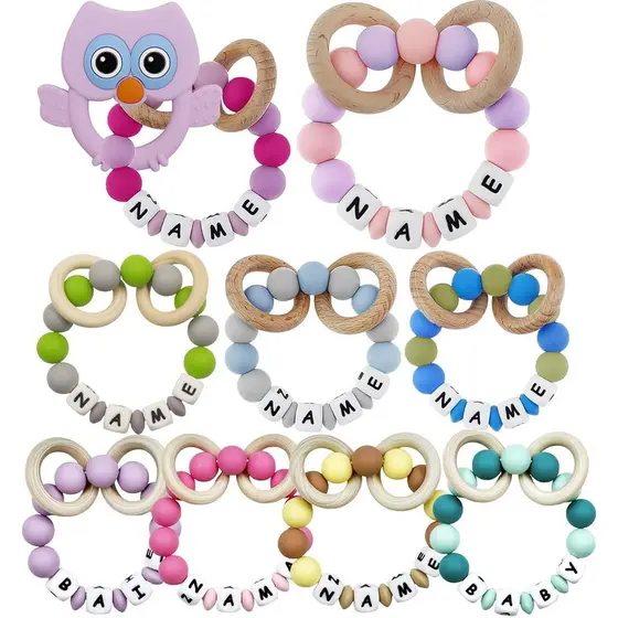 Anel de Mordedor Personalizado para Bebê com Nome - Mordedor Personalizado, Chocalho, Pulseira de Mordedor em Madeira de