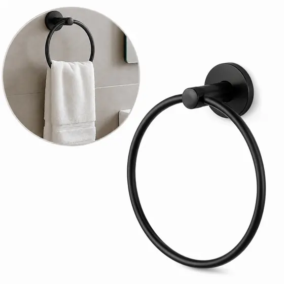 Porta Toalha Argola PRETO de Mãos e Rosto com dupla fixação P/ Banheiros e Lavatórios 1276