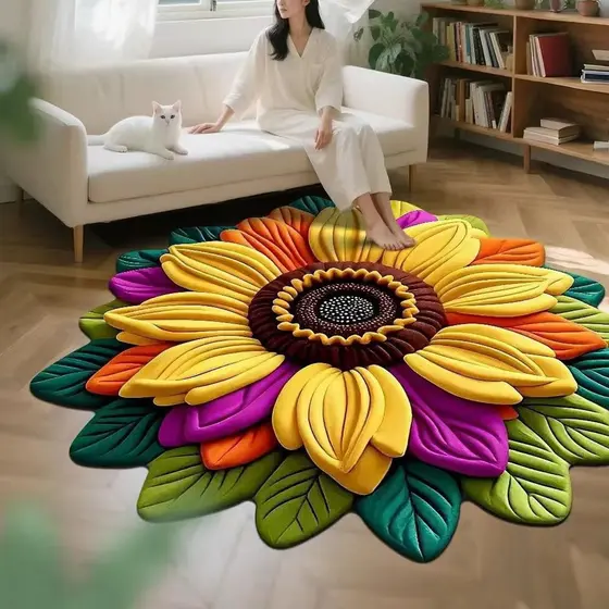 Tapete Redondo 3D Nórdico com Estampa de Girassol Arco-Íris para Decoração de Sala de Estar, Quarto e Sofá F7g1