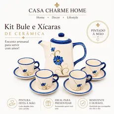 Kit Cafe Ceramica Pintado a Mao Bule 4 Xicaras com Pires Artesanal 9 Pecas