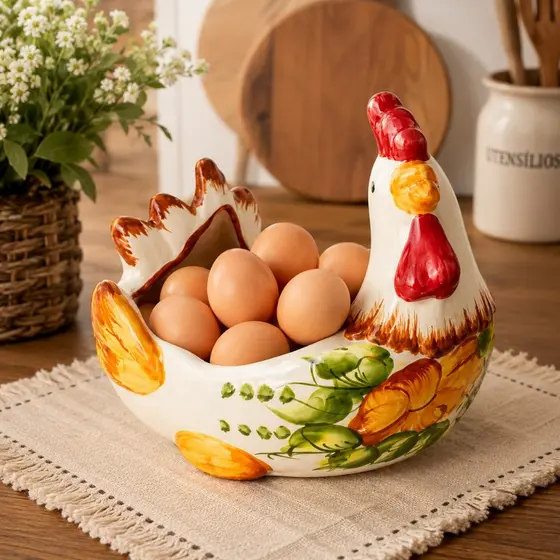 Porta Ovos Galinha em Cerâmica Esmaltada Pintada a Mao Decorativa Cozinha