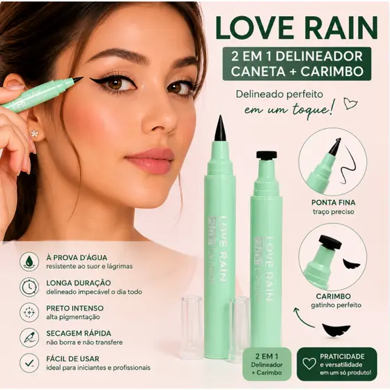 Caneta Delineadora 2 em 1 Love Rain Carimbo Gatinho Delineador Preto À Prova D'Água Longa Duração