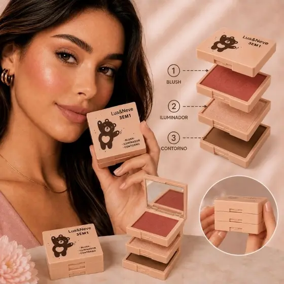 Paleta 3 em 1 | Blush + Iluminador + Pó Compacto com Espelho