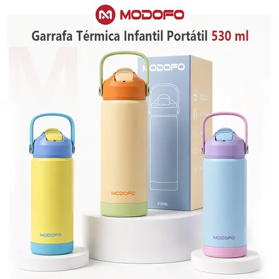 MODOFO Garrafa Térmica Infantil Escolar 530ml com Canudo Antivazamento Aço Inox 304 BPA Free Quente e Frio