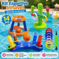 Kit Piscina Infantil Inflável 14 Peças com Jogo de Argolas Brinquedos Flutuantes Aquáticos para Crianças Diversão