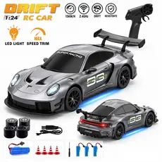 Carrinho Controle Remoto Porsche 911 1:24 Drift 4WD 15KM/H 2.4GHz Luz LED Bateria Recarregável Carro RC
