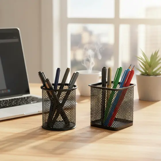 Porta Canetas Organizador Mesa Escritório Redondo Ou Quadrado Aramado Preto Suporte Caneta Lápis