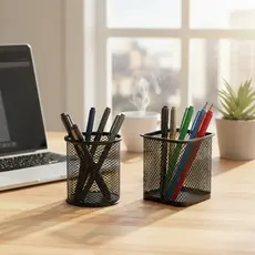 Porta Canetas Organizador Mesa Escritório Redondo Ou Quadrado Aramado Preto Suporte Caneta Lápis