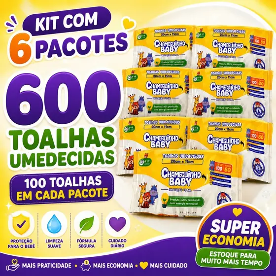 Kit 6 Toalhas Umedecidas Chameguinho Baby 100 Folhas Sem Alcool 600un Higiene Bebe Lenco Umedecido