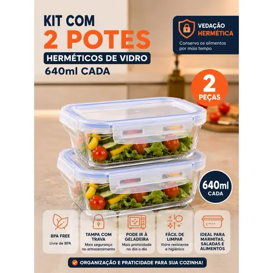 Kit com 2 Potes Herméticos de Vidro 640ml Cada
