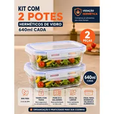 Kit com 2 Potes Herméticos de Vidro 640ml Cada