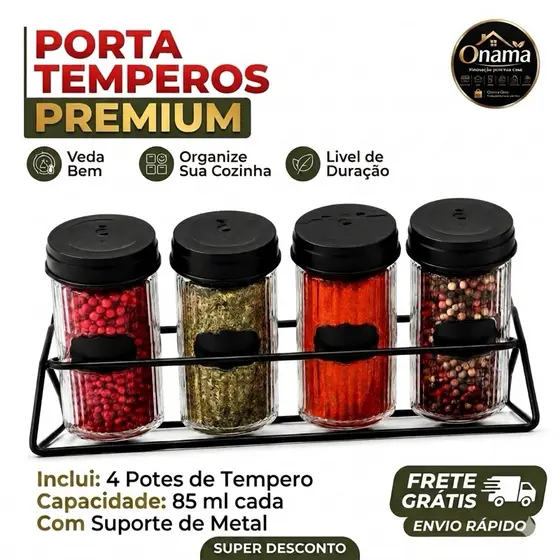 Porta Condimentos de Vidro com Suporte Aramado 4 Potes 85ml