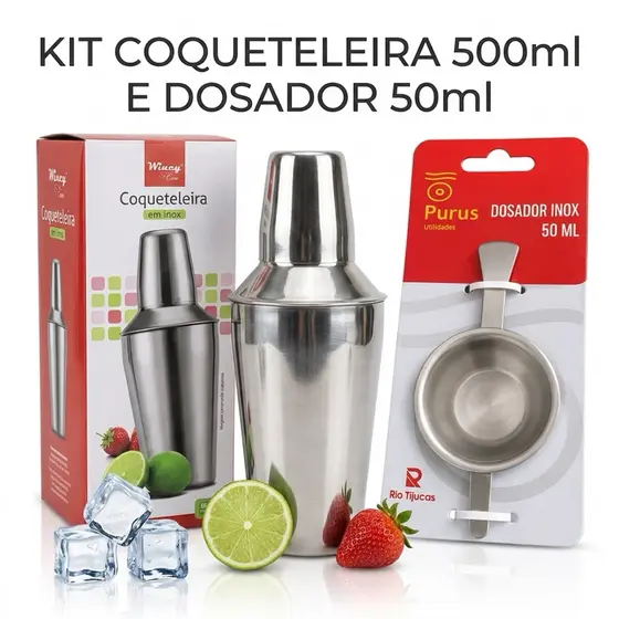 Kit Caipirinha Profissional Coqueteleira Inox 500 ML 1 Dosador  Alta Qualidade