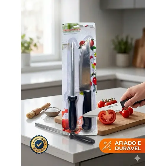 Kit Faca de Cozinha Inox com Chaira Afiadora Profissional 2 Peças