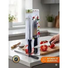Kit Faca de Cozinha Inox com Chaira Afiadora Profissional 2 Peças