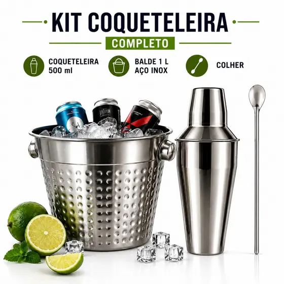 Kit Bartender Completo Coqueteleira 500ml Balde de Gelo Inox 1L Colher Bailarina