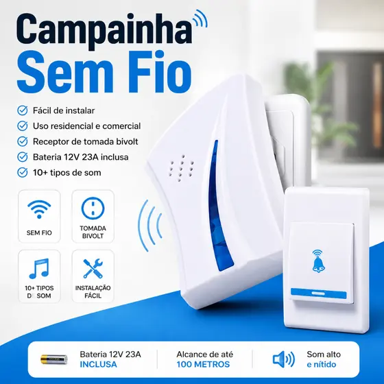 Campainha Interfone Sem Fio Resistente à Chuva Uso Residencial e Comercial
