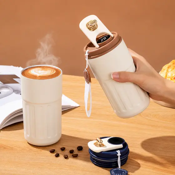 Copo Térmico Cafe 450ml Inox com Display Digital Tampa com Trava Mantém Temperatura Para Café e Chá