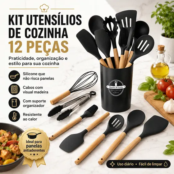 Kit 12 Utensílios de Cozinha Silicone 12 Peças com Suporte Não Risca Panelas Resistente ao Calor