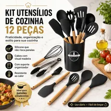 Kit 12 Utensílios de Cozinha Silicone 12 Peças com Suporte Não Risca Panelas Resistente ao Calor